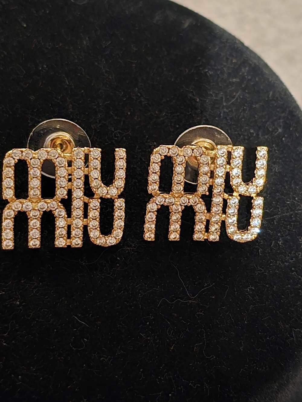 Miu Miu Gold Crystal Logo Stud Earrings